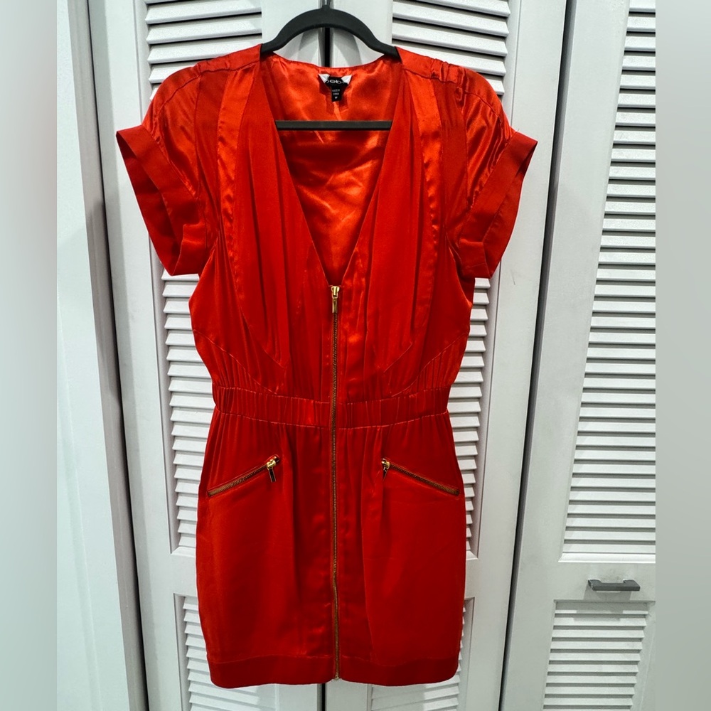 bebe Red Satin Mini Dress with Gold Zippers